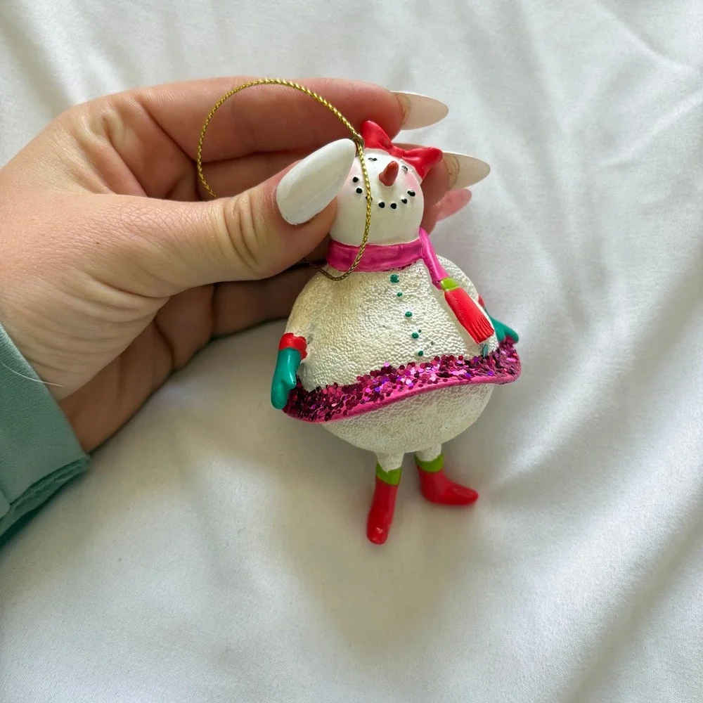 Snowman Girl Christmas Ornament Pink Glitter Tutu Scarf Red Boots Bow Holiday